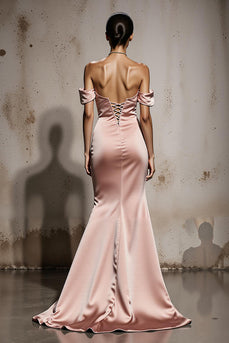 Light Pink Mermaid Off the Shoulder Satin Maxi Formal Dress