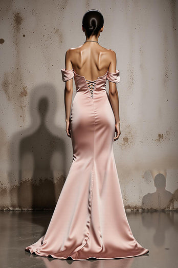 Light Pink Mermaid Off the Shoulder Satin Maxi Formal Dress