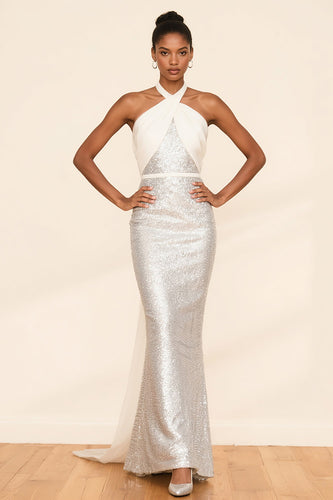 Sparkly White Sequins Halter Mermaid Maxi Formal Dress