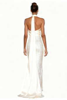 Sparkly White Sequins Halter Mermaid Maxi Formal Dress