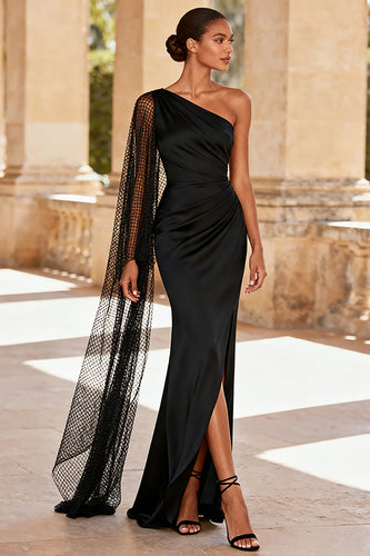Black Satin One Shoulder Mermaid Maxi Formal Dress with Slit