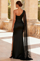 Load image into Gallery viewer, Black Satin One Shoulder Mermaid Maxi Formal Dress with Slit
