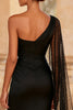 Load image into Gallery viewer, Black Satin One Shoulder Mermaid Maxi Formal Dress with Slit