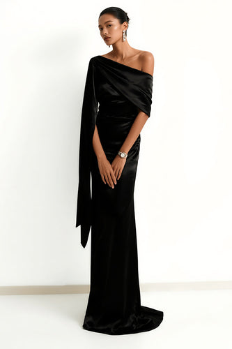 Black Mermaid One Shoulder Satin Maxi Formal Dress with Side Cape
