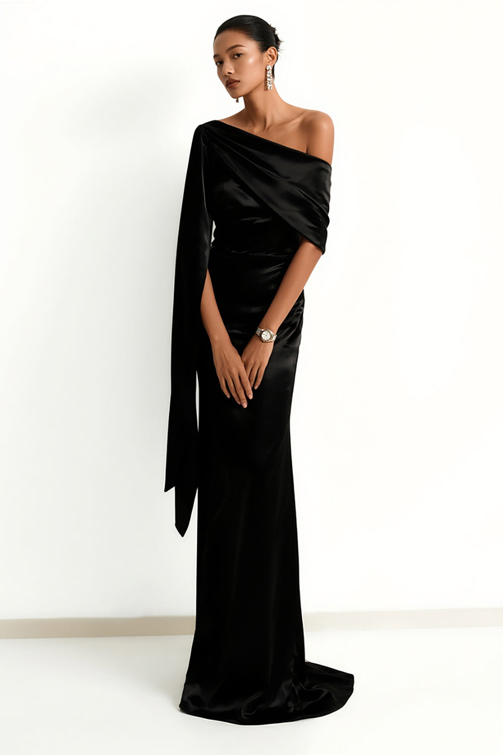 Black Mermaid One Shoulder Satin Maxi Formal Dress with Side Cape