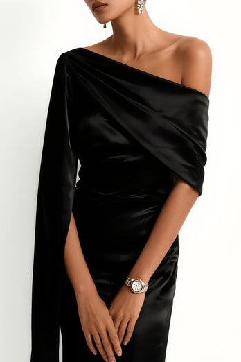Black Mermaid One Shoulder Satin Maxi Formal Dress with Side Cape