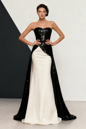 Sparkly Black and White Mermaid Sequins Strapless Long Formal Dress