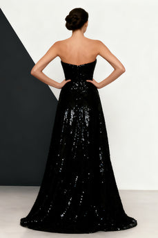 Sparkly Black and White Mermaid Sequins Strapless Long Formal Dress