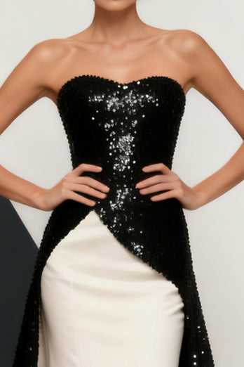 Sparkly Black and White Mermaid Sequins Strapless Long Formal Dress