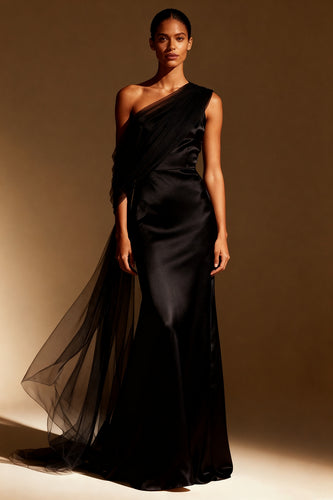 Black One Shoulder Satin Mermaid Maxi Formal Dress with Side Cape