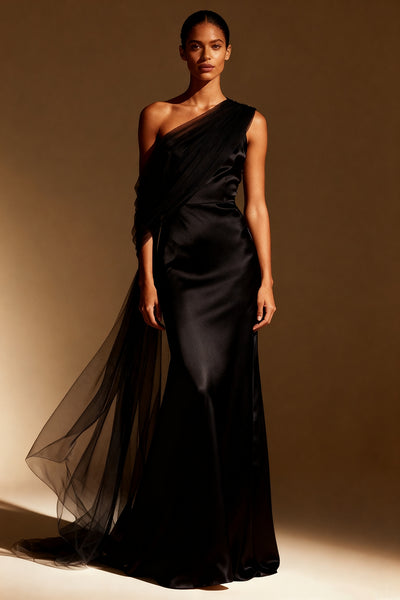 Black One Shoulder Satin Mermaid Maxi Formal Dress with Side Cape
