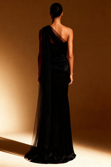 Black One Shoulder Satin Mermaid Maxi Formal Dress with Side Cape