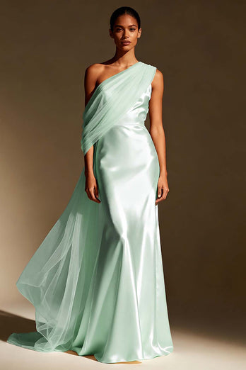 White Mermaid One Shoulder Satin Maxi Formal Dress with Side Cape
