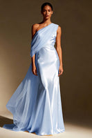 Load image into Gallery viewer, White Mermaid One Shoulder Satin Maxi Formal Dress with Side Cape