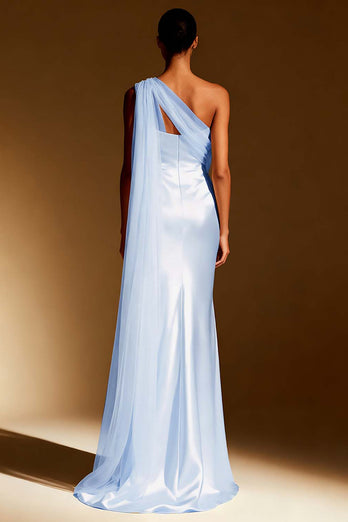 White Mermaid One Shoulder Satin Maxi Formal Dress with Side Cape