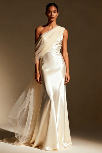 White Mermaid One Shoulder Satin Maxi Formal Dress with Side Cape
