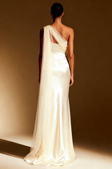 White Mermaid One Shoulder Satin Maxi Formal Dress with Side Cape