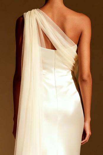 White Mermaid One Shoulder Satin Maxi Formal Dress with Side Cape