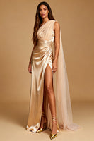 Load image into Gallery viewer, Champagne Satin One Shoulder Ruched Mermaid Maxi Formal Dress with Slit
