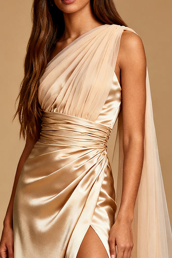 Champagne Satin One Shoulder Ruched Mermaid Maxi Formal Dress with Slit