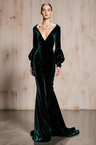 Dark Green Mermaid Velvet V-Neck Long Sleeves Holiday Party Dress