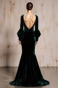 Dark Green Mermaid Velvet V-Neck Long Sleeves Holiday Party Dress