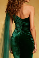 Load image into Gallery viewer, Dark Green Velvet Ruffled Mermaid Long Holiday Party Dress with Cape