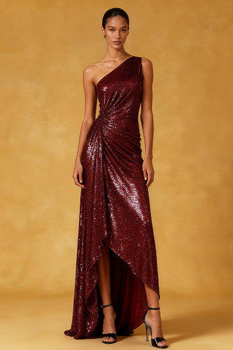 Sparkly Burgundy Ruched High-Low Sequin Formal Dress