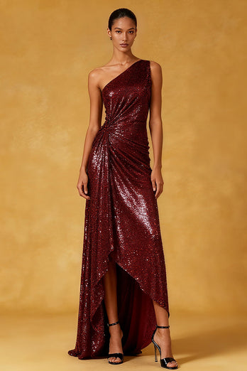 Sparkly Burgundy Ruched High-Low Sequin Formal Dress