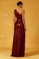 Load image into Gallery viewer, Sparkly Burgundy Ruched High-Low Sequin Formal Dress