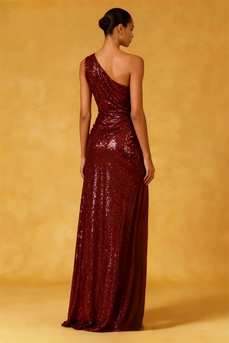 Sparkly Burgundy Ruched High-Low Sequin Formal Dress