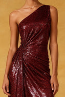 Load image into Gallery viewer, Sparkly Burgundy Ruched High-Low Sequin Formal Dress