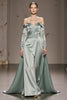 Load image into Gallery viewer, Mint Green Off the Shoulder Satin Maxi Formal Dress with Sleeves