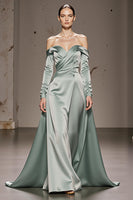 Load image into Gallery viewer, Mint Green Off the Shoulder Satin Maxi Formal Dress with Sleeves