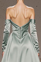 Load image into Gallery viewer, Mint Green Off the Shoulder Satin Maxi Formal Dress with Sleeves