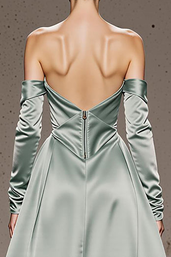Mint Green Off the Shoulder Satin Maxi Formal Dress with Sleeves