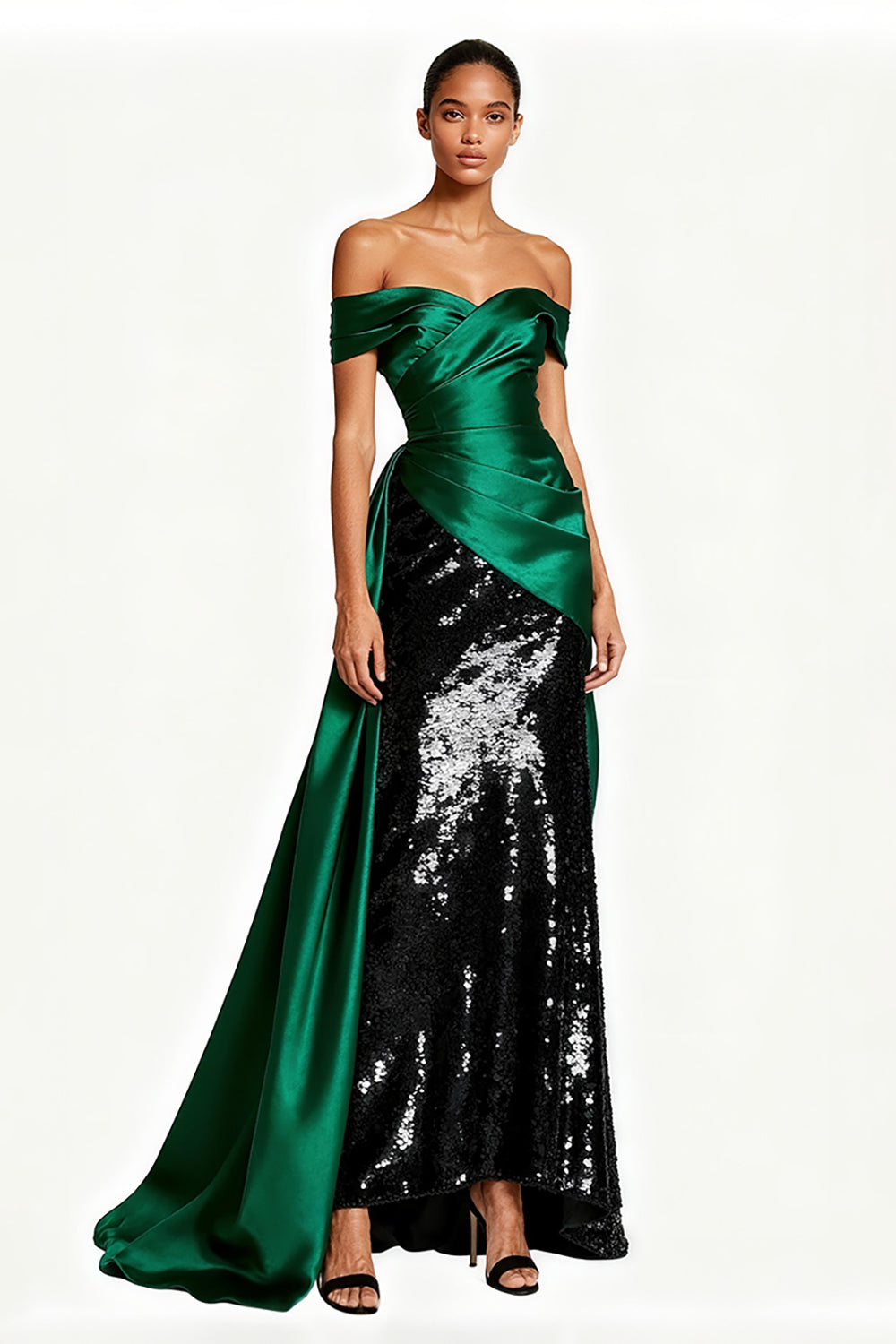 Sparkly Dark Green Off the Shoulder Maxi Sequin Formal Dress