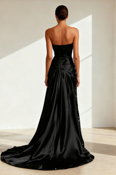Sparkly Black Satin Strapless Long Formal Dress with Slit