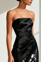 Load image into Gallery viewer, Sparkly Black Satin Strapless Long Formal Dress with Slit