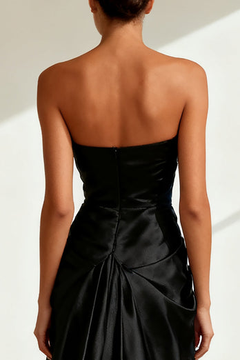 Sparkly Black Satin Strapless Long Formal Dress with Slit