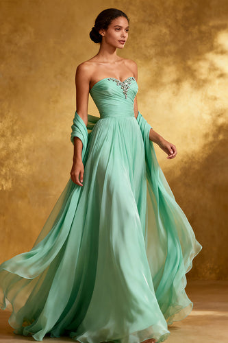 Sparkly Mint Green Strapless Chiffon Maxi Formal Dress with Shawl