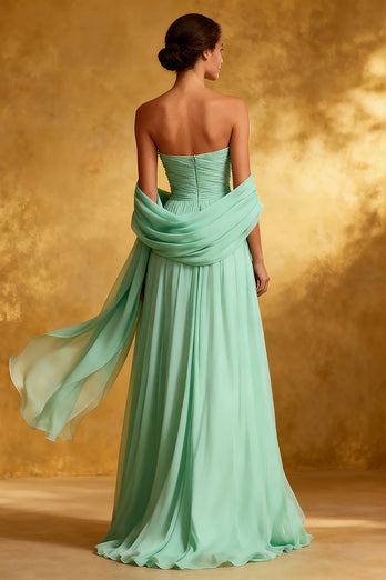 Sparkly Mint Green Strapless Chiffon Maxi Formal Dress with Shawl