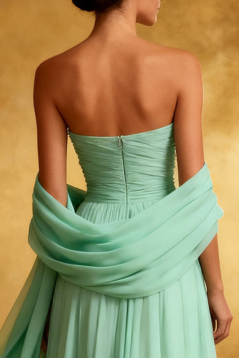 Sparkly Mint Green Strapless Chiffon Maxi Formal Dress with Shawl