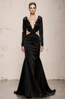 Load image into Gallery viewer, Black Mermaid V-Neck Long Sleeves Formal Dress with Lace