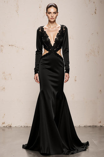 Black Mermaid V-Neck Long Sleeves Formal Dress with Lace