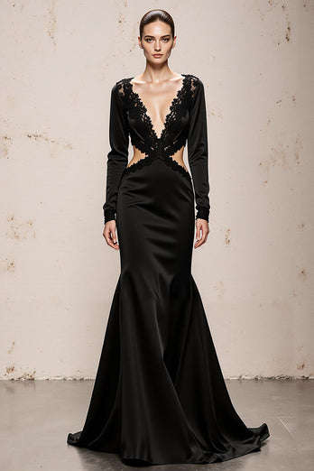 Black Mermaid V-Neck Long Sleeves Formal Dress with Lace