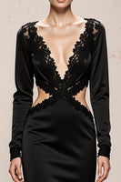 Load image into Gallery viewer, Black Mermaid V-Neck Long Sleeves Formal Dress with Lace