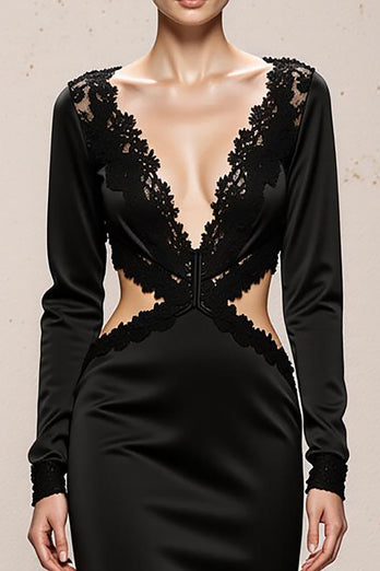 Black Mermaid V-Neck Long Sleeves Formal Dress with Lace