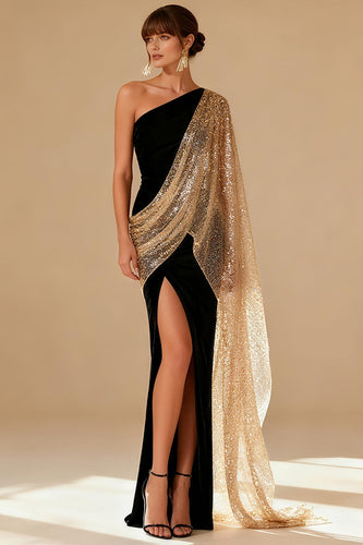 Sparkly Black One Shoulder Mermaid Maxi Formal Dress with Slit