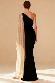 Sparkly Black One Shoulder Mermaid Maxi Formal Dress with Slit